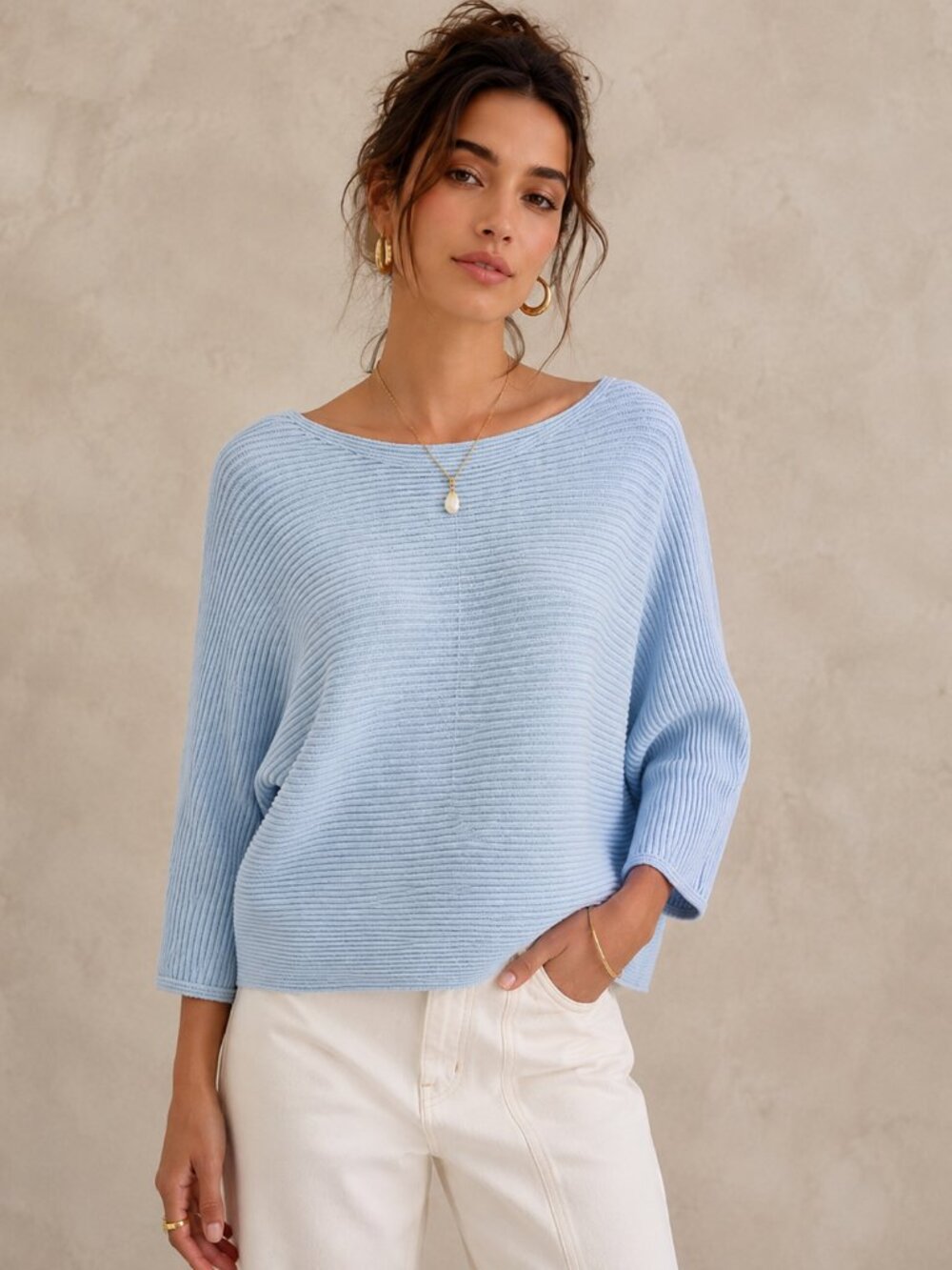 Anthropologie Sky Blue Ribbed Knit Sweater Women's Size L Boat Neck Dolman